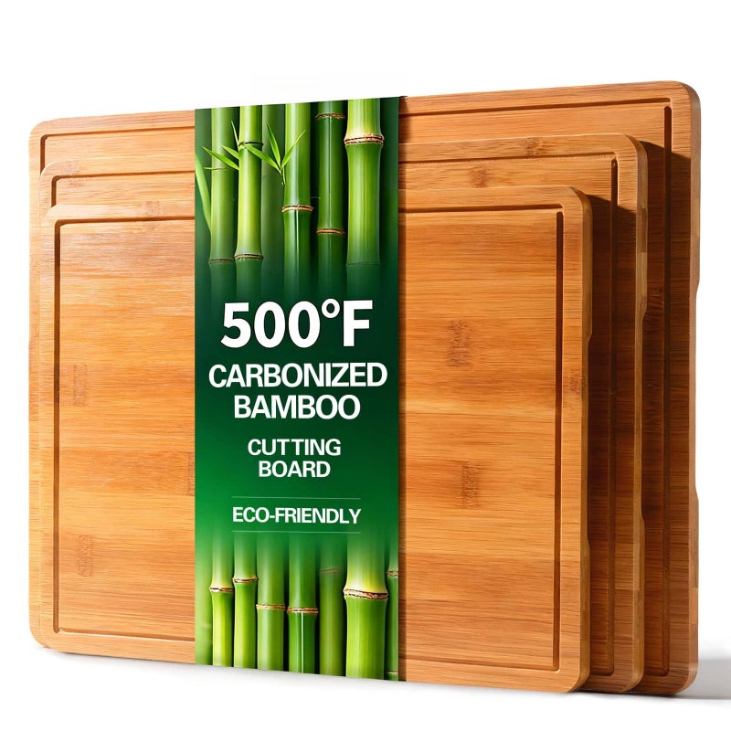 Zarler Bamboo Cutting Boards for Kitchen, Durable Wood Cutting Board with Juice Grooves and Handles, Wooden Chopping Board Set for Meal Prep, 500℉ Carbonized Bamboo, XL Size, Ideal Kitchen Gift - Image 1