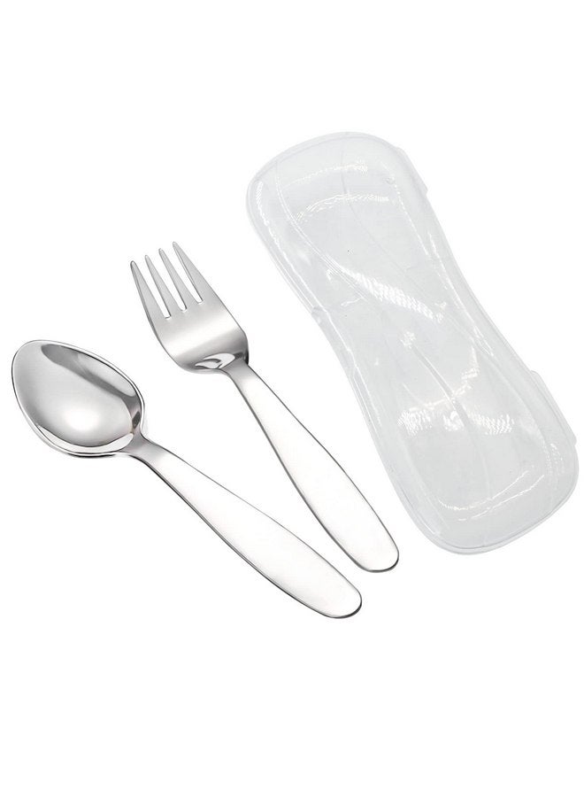 VANRA 2 Pieces Children Fork Spoon Set with Travel Case for Lunch Box, 18/8 Stainless Steel Kids Silverware Flatware Set Kids Utensil Set for School, 5.9in (Fork Spoon) - Image 1