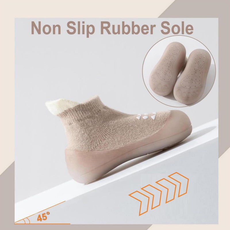 Hstyle Baby Sock Shoes Toddler Walking Shoes Infant Non-Slip Slippers Soft Rubber Sole Sneakers for Baby Boys Girls 2-3 years Brown - Image 3