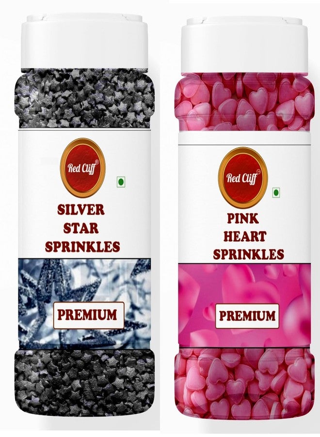 RED CLIFF Edible Pink Heart+Silver Star Shape Sprinkles | Metallic Dessert Toppings for Cakes, Cupcakes, Ice Cream & Sweets | Edible Decorative Sugar Sprinkles | Ideal for Baking & Festive Garnishing | 100gx2 | Pack of 2 - Image 1