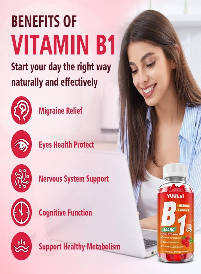YUULAI Vitamin B1 Gummies 500mg for Adults & Kids, Thiamine B1 Supplement with Magnesium, Vitamin B1 Supplement for Nervous System Supports & Boost Energy, Raspberry Flavor, 60 Count - Image 2