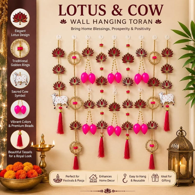 ABC Artificial Lotus Door Hanging Toran with Kamdhenu Cow and Tassels Diwali, Ganesh Chaturthi, Navratri, Wedding Decoration Pack of 1 - Image 2