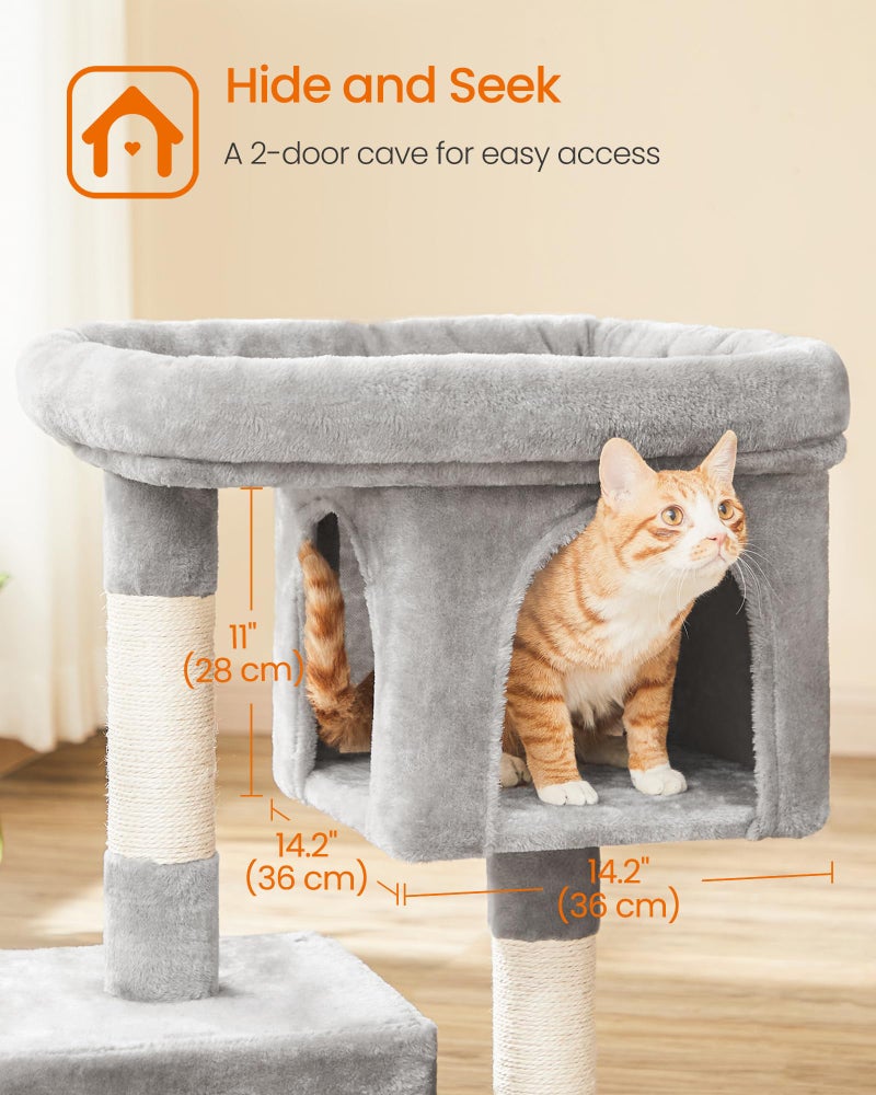 Feandrea Cat Tree, 33.1-Inch Cat Tower, Plush Condo for Large Cats up to 16 lb, Large Perch, 2 Caves, Scratching Post, Light Gray UPCT61W - Image 4