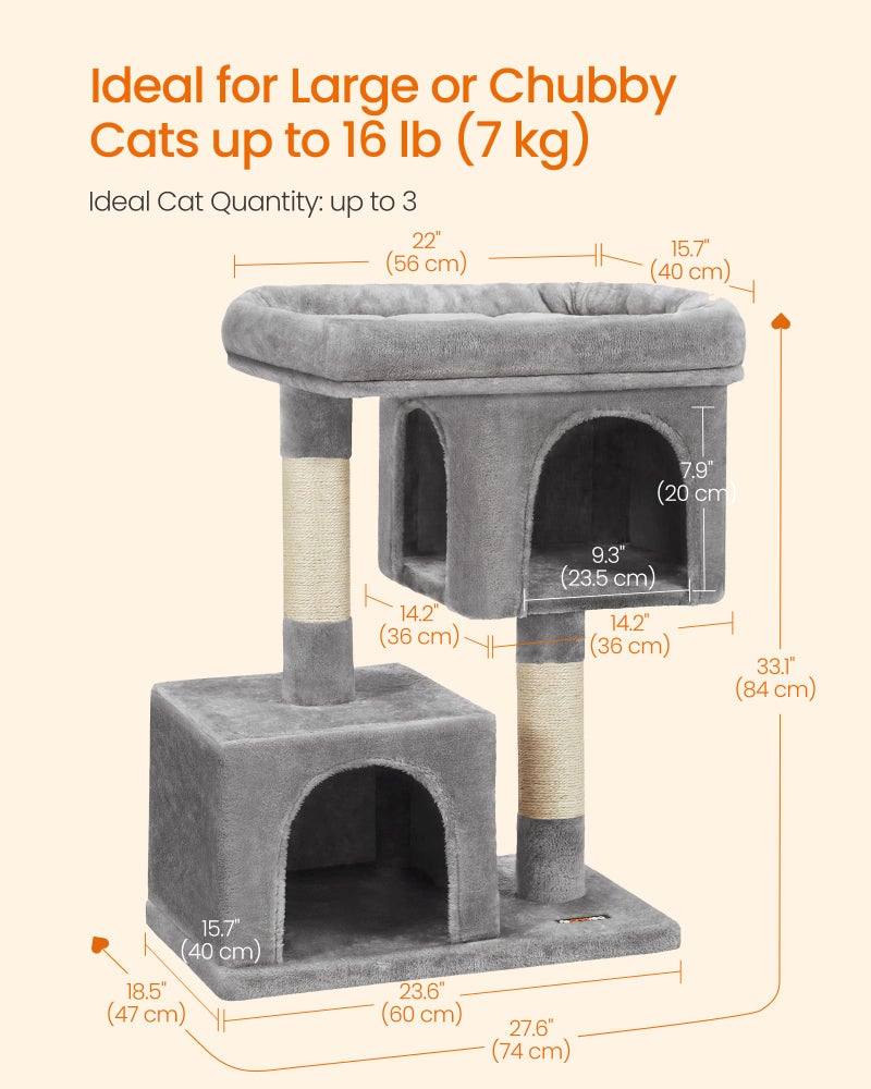 Feandrea Cat Tree, 33.1-Inch Cat Tower, Plush Condo for Large Cats up to 16 lb, Large Perch, 2 Caves, Scratching Post, Light Gray UPCT61W - Image 5
