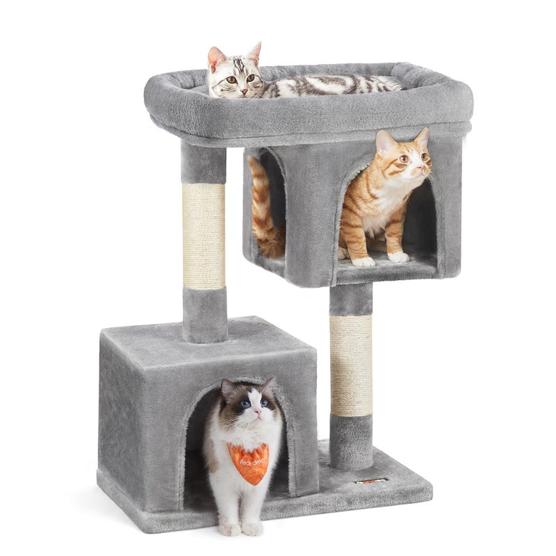 Feandrea Cat Tree, 33.1-Inch Cat Tower, Plush Condo for Large Cats up to 16 lb, Large Perch, 2 Caves, Scratching Post, Light Gray UPCT61W - Image 1