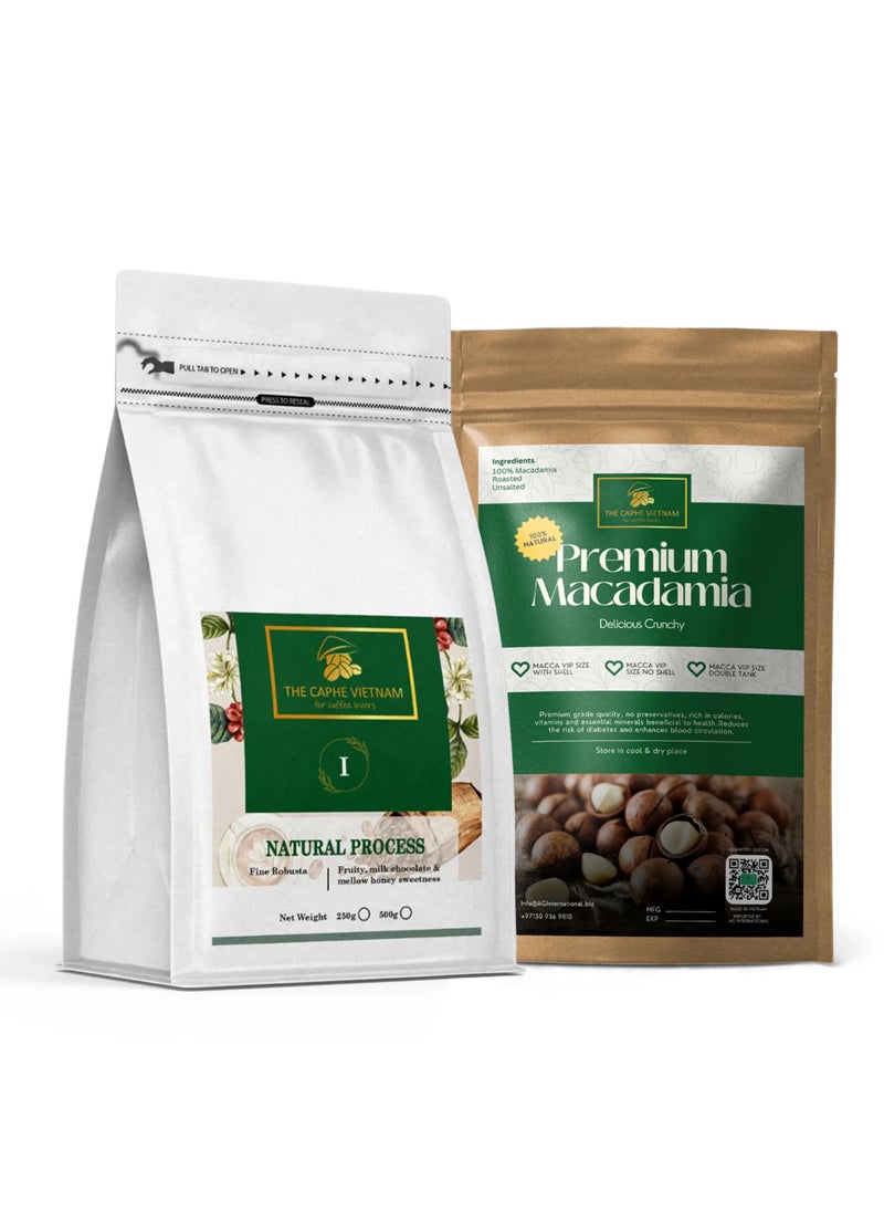 The Caphe Vietnam Combo Gift Set - Fine Robusta Natural Process Whole Bean 250g + Premium Macadamia Vip Size Double Tank 500 g  - Image 2