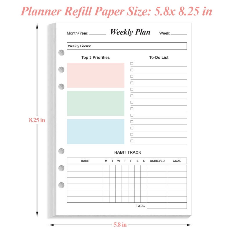 Yaridar (2-Pack) Weekly Planner Refills for A5 Binders - 106 Sheets/212 Pages Undated Colorful Weekly Planner, 6-Hole Punched, 100 gsm White Paper, Lasts 1 Year, Undated, 5.8" x 8.3" - Image 4