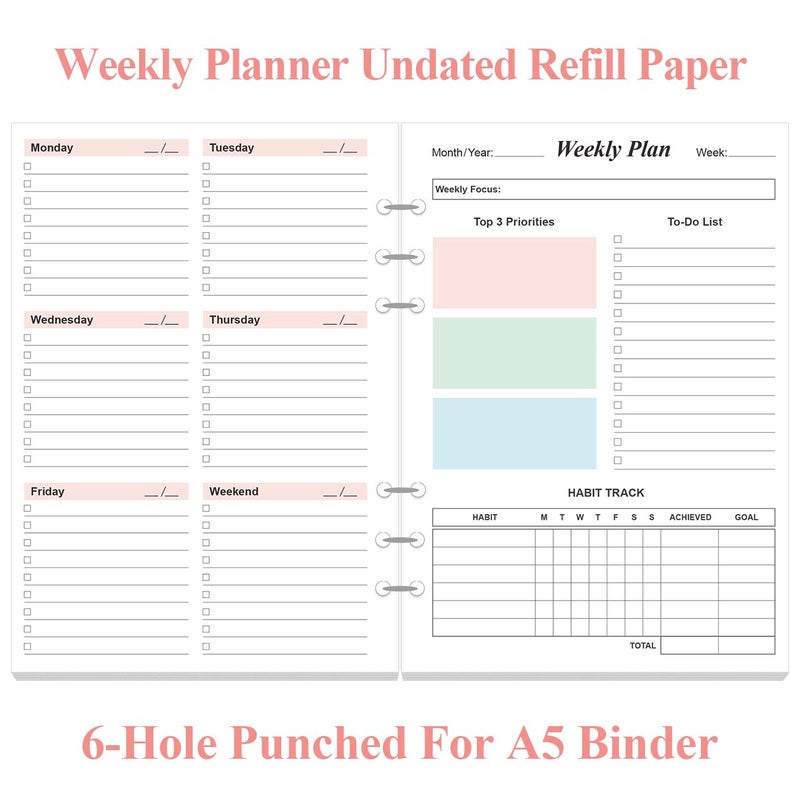 Yaridar (2-Pack) Weekly Planner Refills for A5 Binders - 106 Sheets/212 Pages Undated Colorful Weekly Planner, 6-Hole Punched, 100 gsm White Paper, Lasts 1 Year, Undated, 5.8" x 8.3" - Image 2