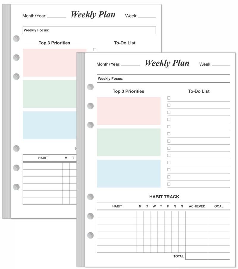 Yaridar (2-Pack) Weekly Planner Refills for A5 Binders - 106 Sheets/212 Pages Undated Colorful Weekly Planner, 6-Hole Punched, 100 gsm White Paper, Lasts 1 Year, Undated, 5.8" x 8.3" - Image 1