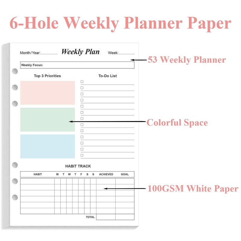 Yaridar (2-Pack) Weekly Planner Refills for A5 Binders - 106 Sheets/212 Pages Undated Colorful Weekly Planner, 6-Hole Punched, 100 gsm White Paper, Lasts 1 Year, Undated, 5.8" x 8.3" - Image 5