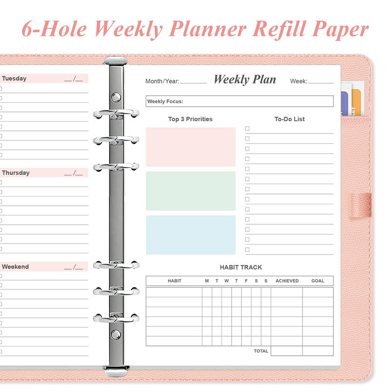 Yaridar (2-Pack) Weekly Planner Refills for A5 Binders - 106 Sheets/212 Pages Undated Colorful Weekly Planner, 6-Hole Punched, 100 gsm White Paper, Lasts 1 Year, Undated, 5.8" x 8.3" - Image 3