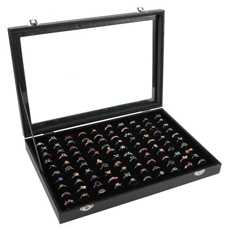 Siveit Ring Display Case Organizer Box with Transparent Lid, Ring Holder Showcase For Store Display Jewelry Show Home, Ring Organizer For Jewelry Rings, Studs Earrings (100 Slot, Black) - Image 1