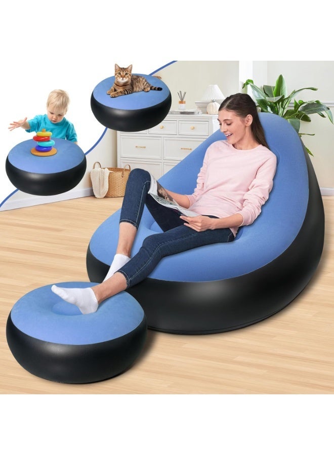 Decorhills Inflatable Sofa Chair with Ottoman Blue Portable Air Lounge Chair with Footrest Waterproof Blow Up Air Sofa for Living Room Bedroom Outdoor Use - Image 1