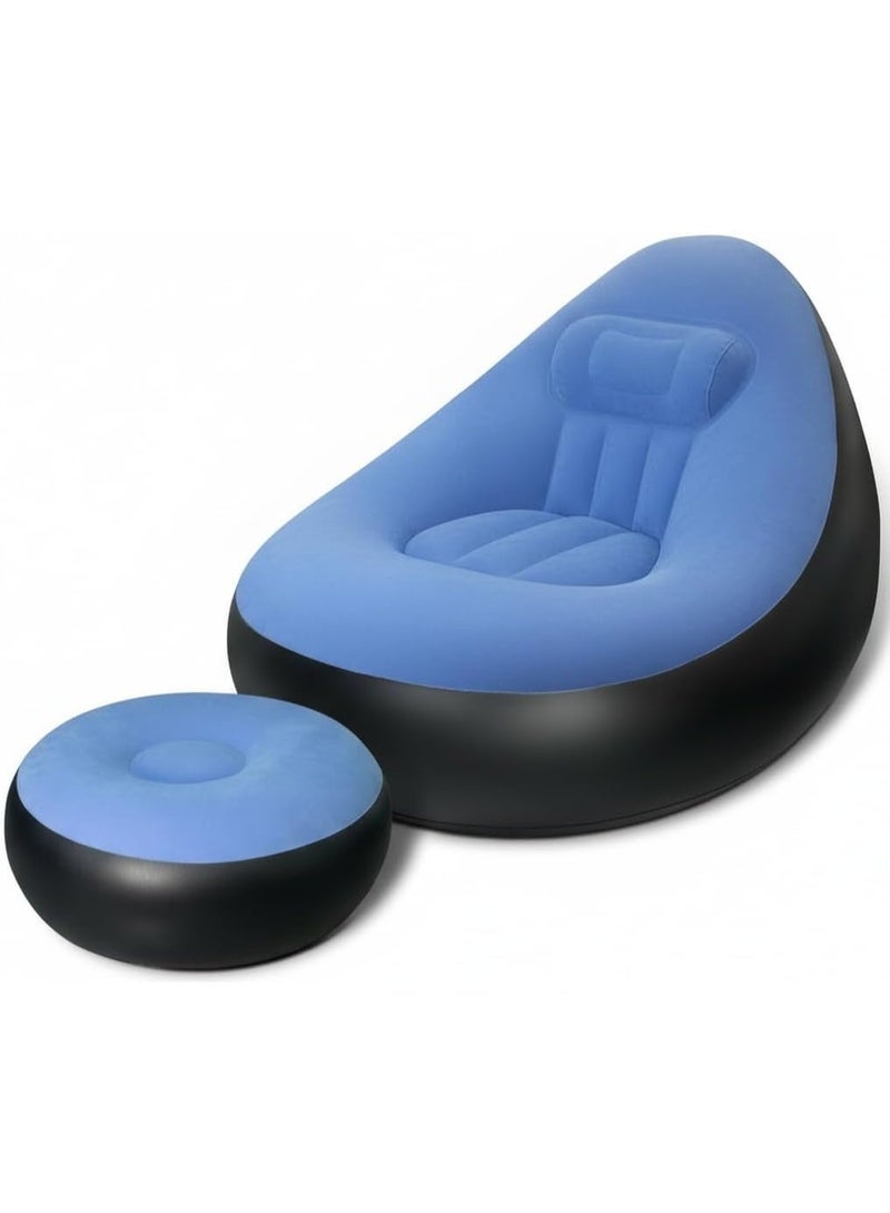 Decorhills Inflatable Sofa Chair with Ottoman Blue Portable Air Lounge Chair with Footrest Waterproof Blow Up Air Sofa for Living Room Bedroom Outdoor Use - Image 2