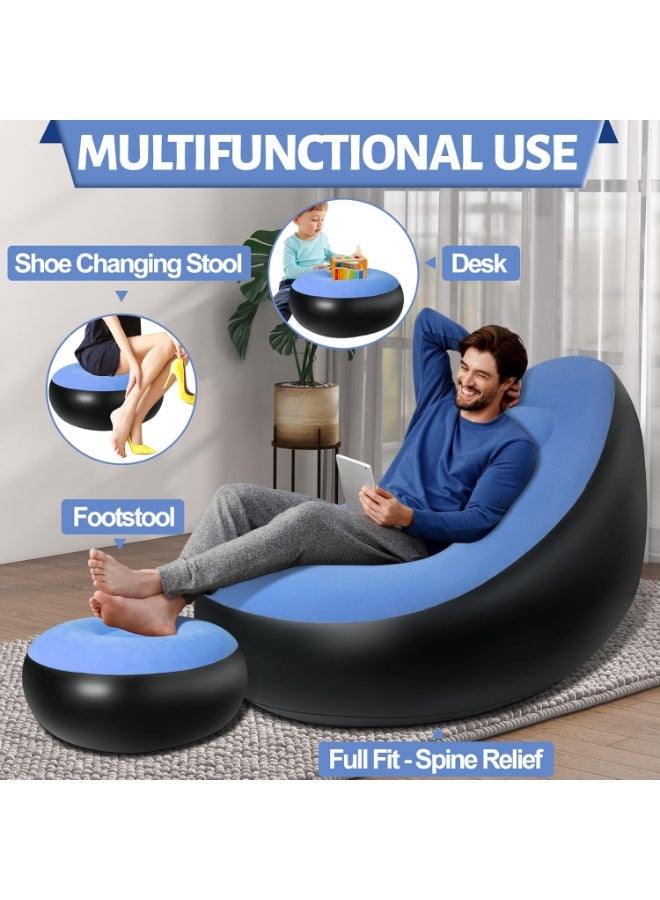 Decorhills Inflatable Sofa Chair with Ottoman Blue Portable Air Lounge Chair with Footrest Waterproof Blow Up Air Sofa for Living Room Bedroom Outdoor Use - Image 3