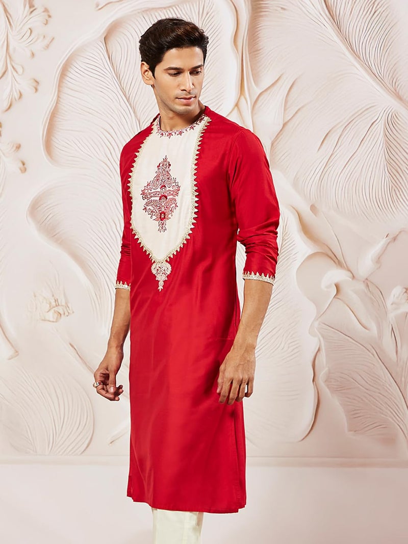 VASTRAMAY Men's Red Viscose Kurta | Sequenced Patchwork Kurta for Men - Image 3