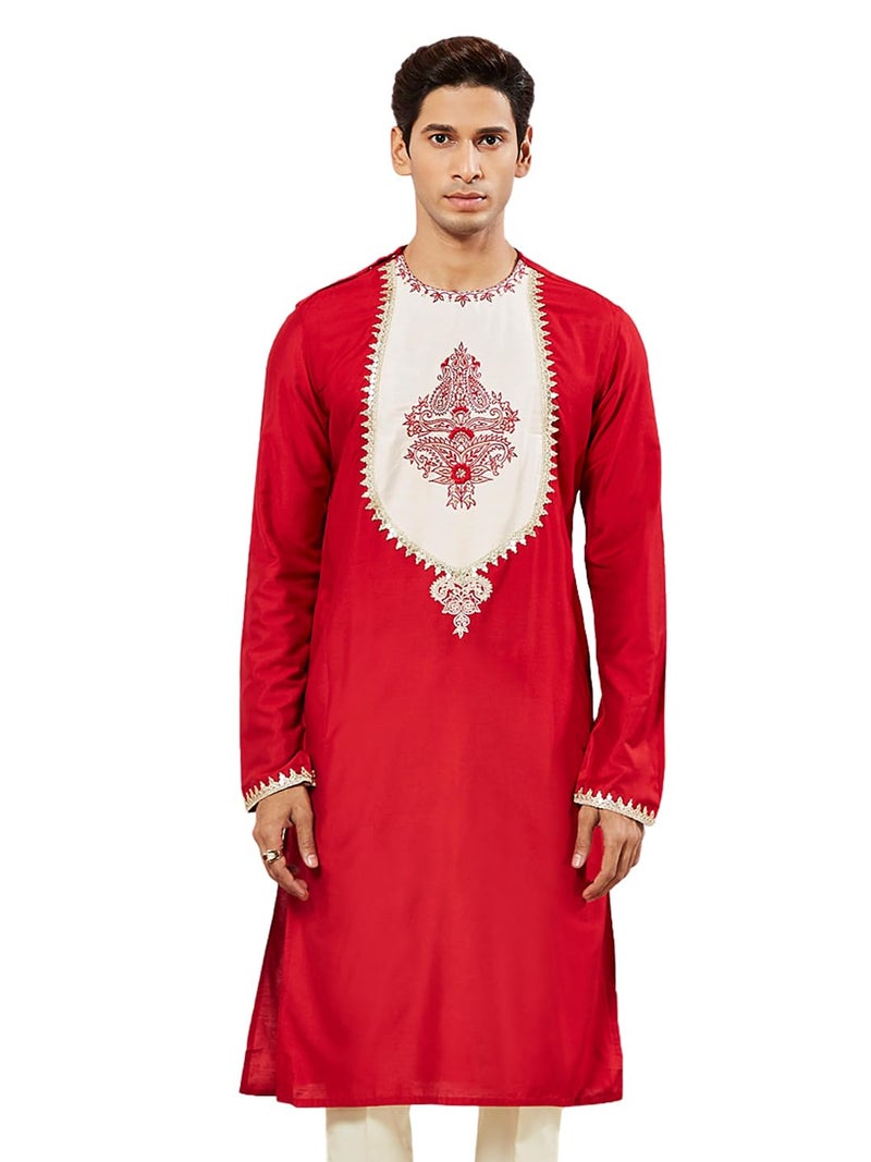 VASTRAMAY Men's Red Viscose Kurta | Sequenced Patchwork Kurta for Men - Image 1