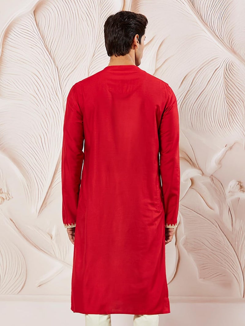 VASTRAMAY Men's Red Viscose Kurta | Sequenced Patchwork Kurta for Men - Image 5