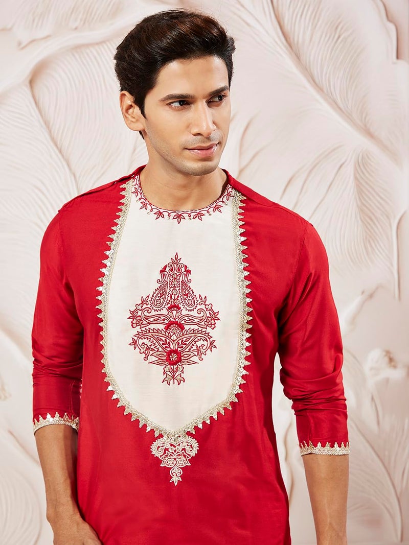 VASTRAMAY Men's Red Viscose Kurta | Sequenced Patchwork Kurta for Men - Image 4
