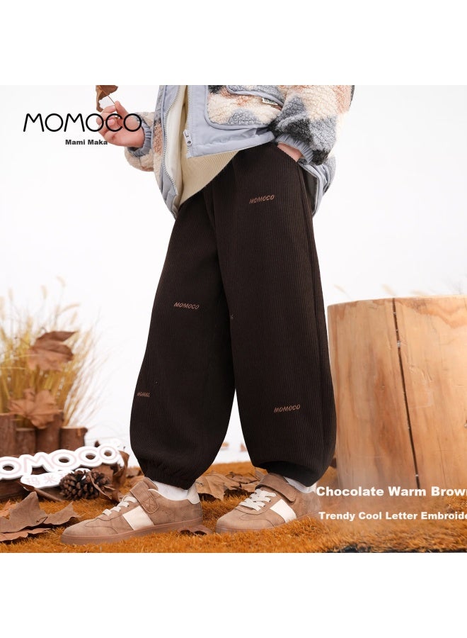 Momoco Boys' Corduroy Embroidered Pants Winter , Brown, Size 140
