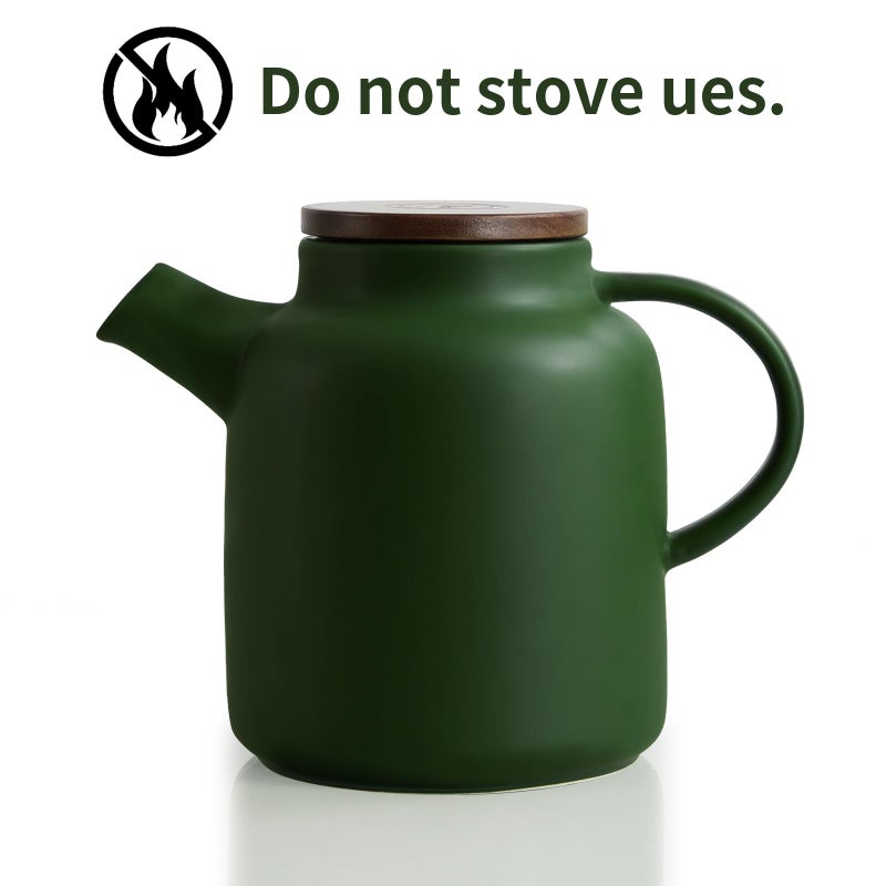 Yundu 1500ml / 50 oz Ceramic Teapot with Infuser & Wood Lid - Matte Green, Loose Leaf Tea Pot with Removable Strainer, Large Capacity - Image 3