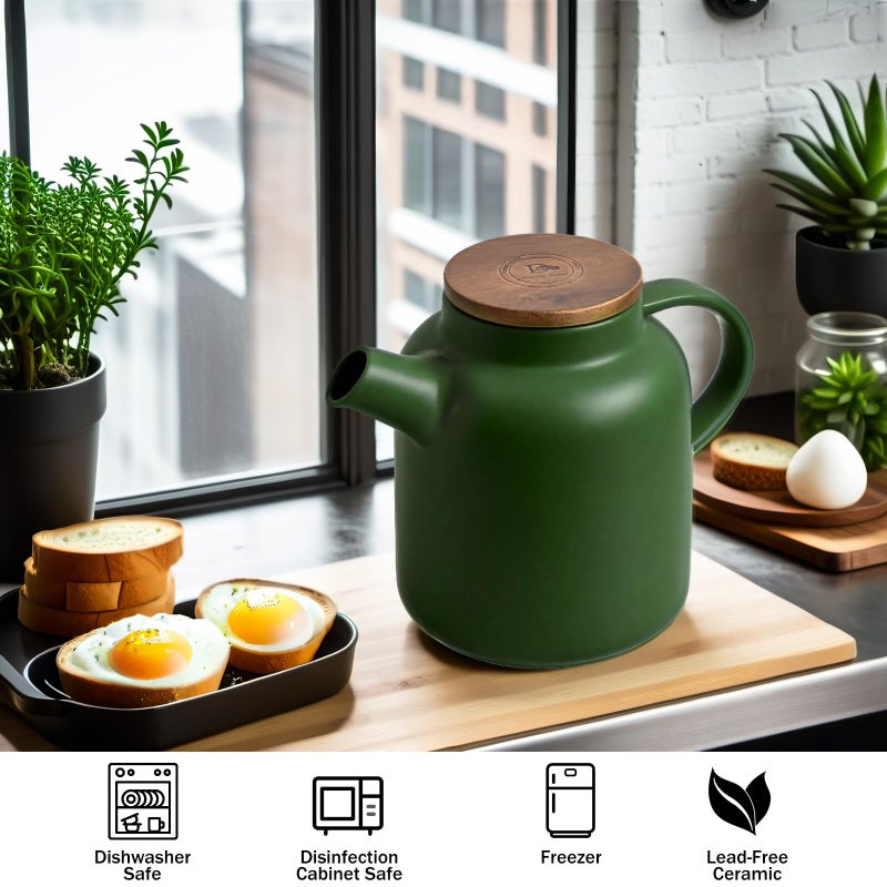 Yundu 1500ml / 50 oz Ceramic Teapot with Infuser & Wood Lid - Matte Green, Loose Leaf Tea Pot with Removable Strainer, Large Capacity - Image 5