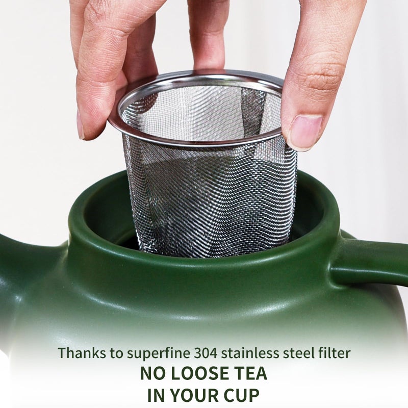 Yundu 1500ml / 50 oz Ceramic Teapot with Infuser & Wood Lid - Matte Green, Loose Leaf Tea Pot with Removable Strainer, Large Capacity - Image 4