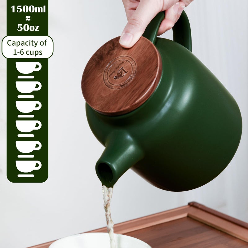 Yundu 1500ml / 50 oz Ceramic Teapot with Infuser & Wood Lid - Matte Green, Loose Leaf Tea Pot with Removable Strainer, Large Capacity - Image 2