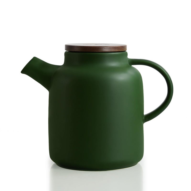 Yundu 1500ml / 50 oz Ceramic Teapot with Infuser & Wood Lid - Matte Green, Loose Leaf Tea Pot with Removable Strainer, Large Capacity - Image 1