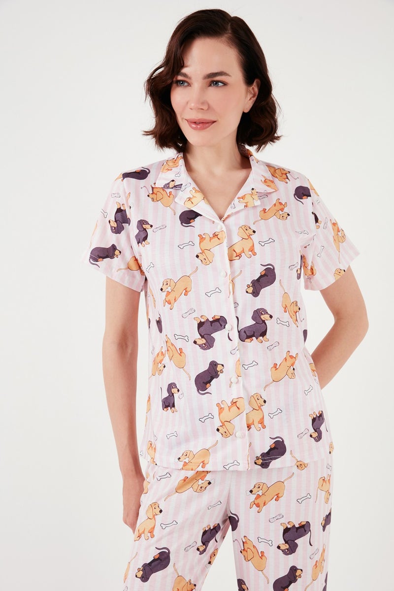 Lela Patterned Short Sleeve Elastic Waist Shirt Collar Woven Regular Fit Pajama Set Women's Pajama Set 6571010  - Image 3