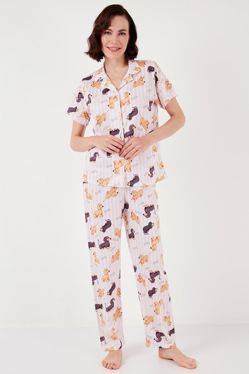 Lela Patterned Short Sleeve Elastic Waist Shirt Collar Woven Regular Fit Pajama Set Women's Pajama Set 6571010  - Image 2
