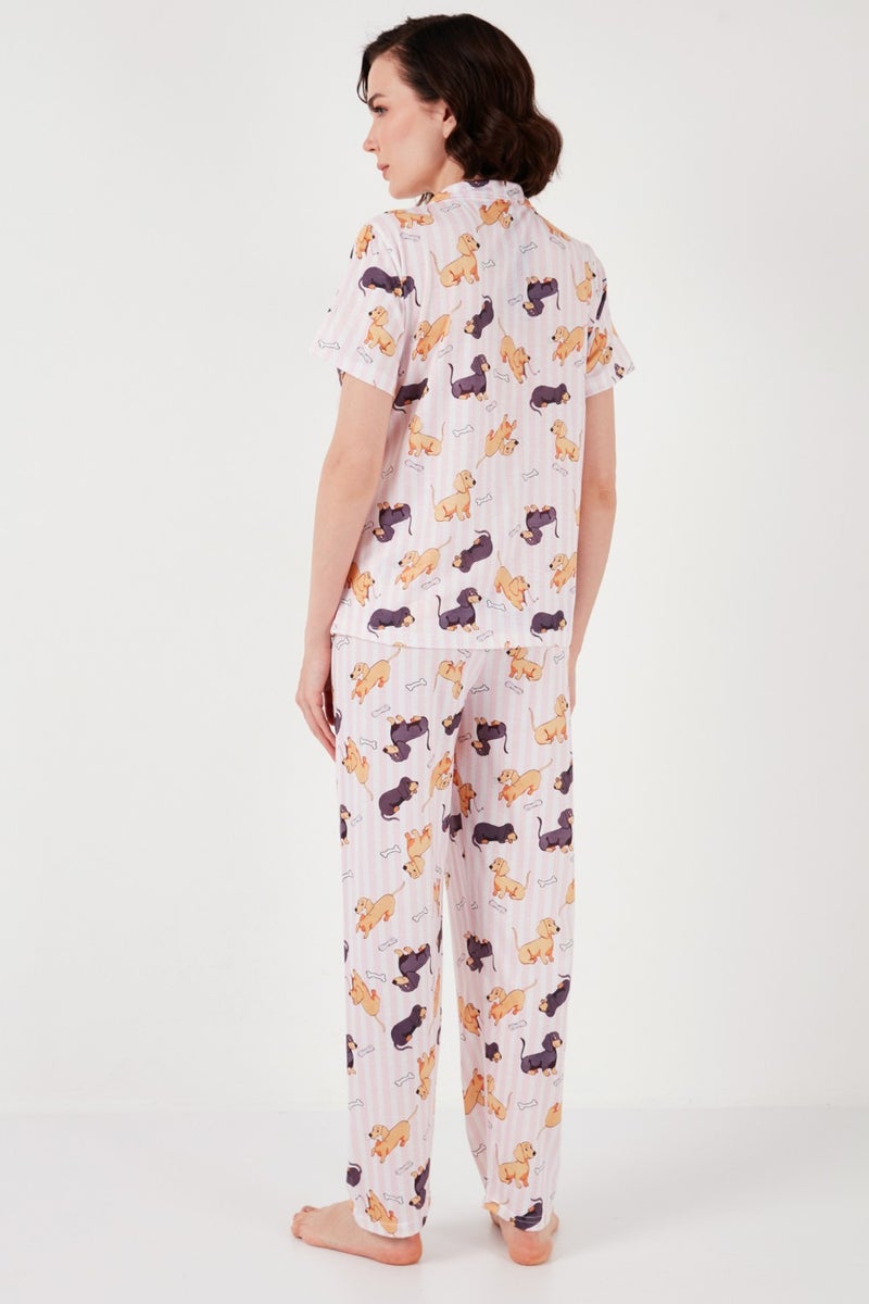 Lela Patterned Short Sleeve Elastic Waist Shirt Collar Woven Regular Fit Pajama Set Women's Pajama Set 6571010  - Image 5