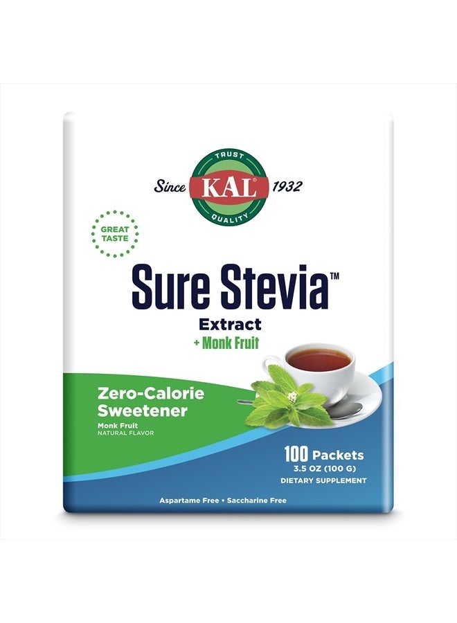 KAL Sure Stevia Plus Monk Fruit Sweetener - Great Tasting, Zero Calorie Sugar Free Sweetener - Low Glycemic, Perfect for a Keto Diet or Low Carb Diet, 60-Day Guarantee, 3.5oz, 100 Single-Serve Packets - Image 1