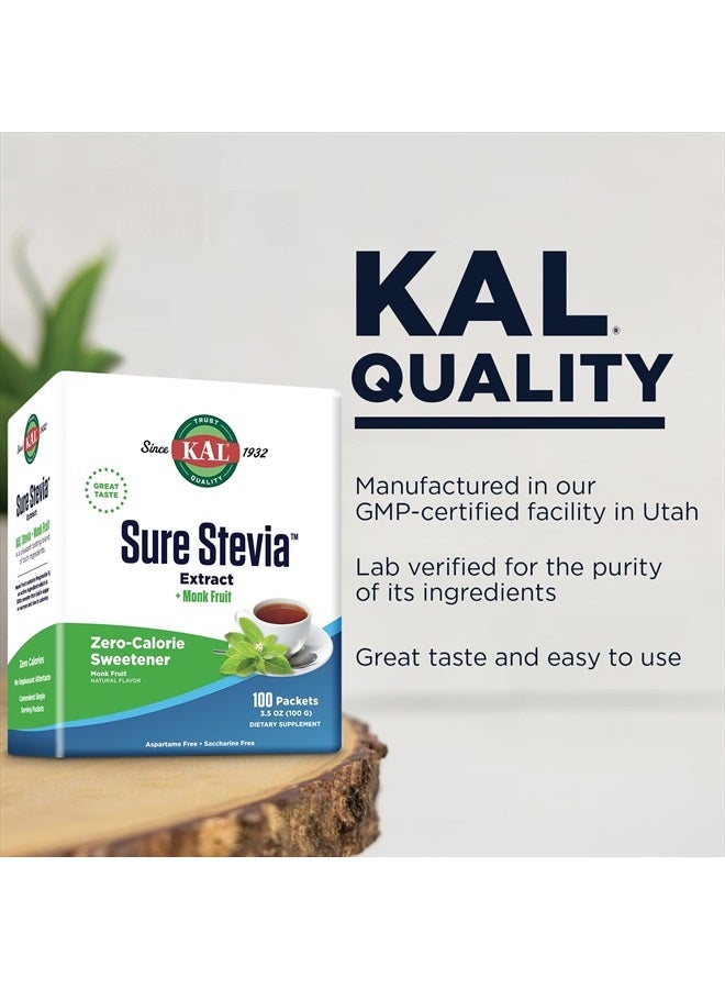 KAL Sure Stevia Plus Monk Fruit Sweetener - Great Tasting, Zero Calorie Sugar Free Sweetener - Low Glycemic, Perfect for a Keto Diet or Low Carb Diet, 60-Day Guarantee, 3.5oz, 100 Single-Serve Packets - Image 4