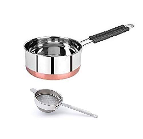 JGS Stainless Steel Copper Coated Flat Stove Bottom Sauce and Milk Pan Tea Coffee Pot Tapeli with Tea Strainer Combo Silver_1 L - Image 1