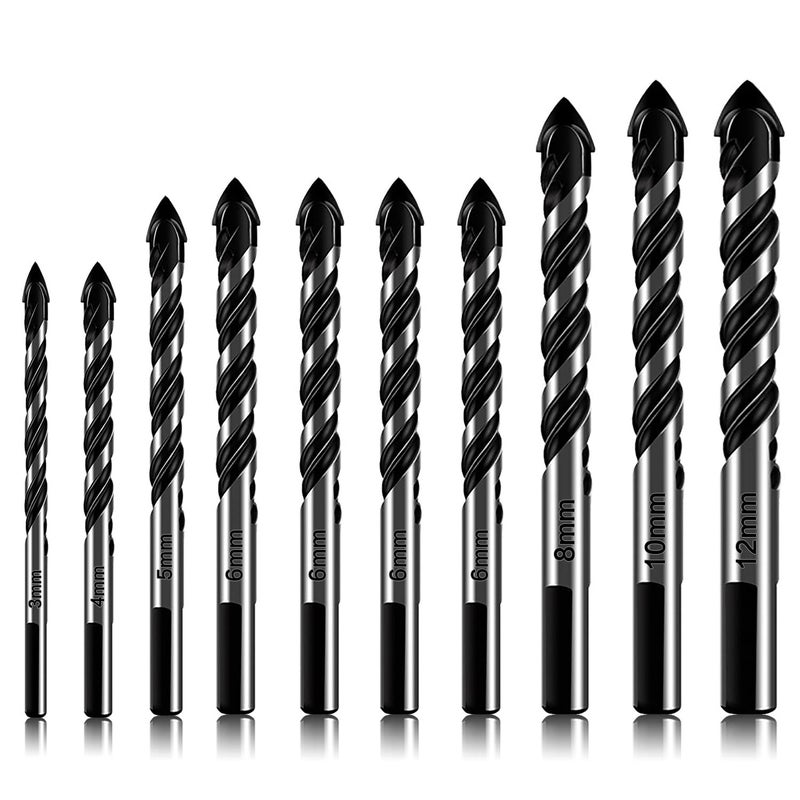 DKIBBITH 10 Piece Masonry Drill Bits Set for Tile Glass Ceramic Brick Wood, 3mm to 12mm Drilling Bits with Triangle Handle, YG8 Tungsten Steel Alloy Tip.（Black) - Image 1