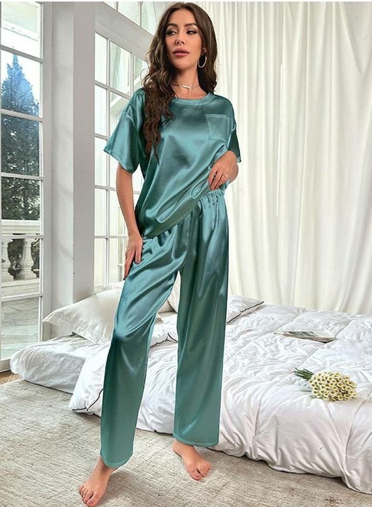 Loquat Women's Solid Color 2-Piece Set Nightgown Sleepwear Short Sleeve Top And Pants Soft Loungewear Pajamas Suit Dusty Green  - Image 1