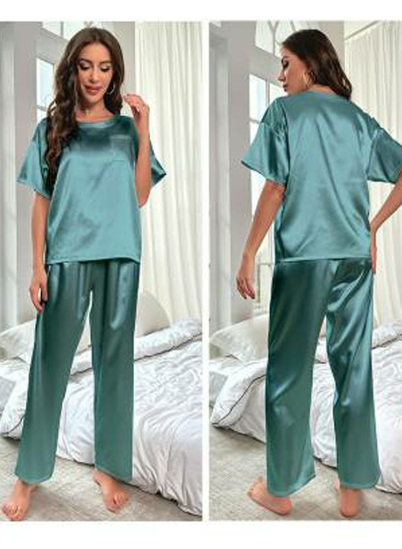 Loquat Women's Solid Color 2-Piece Set Nightgown Sleepwear Short Sleeve Top And Pants Soft Loungewear Pajamas Suit Dusty Green  - Image 2