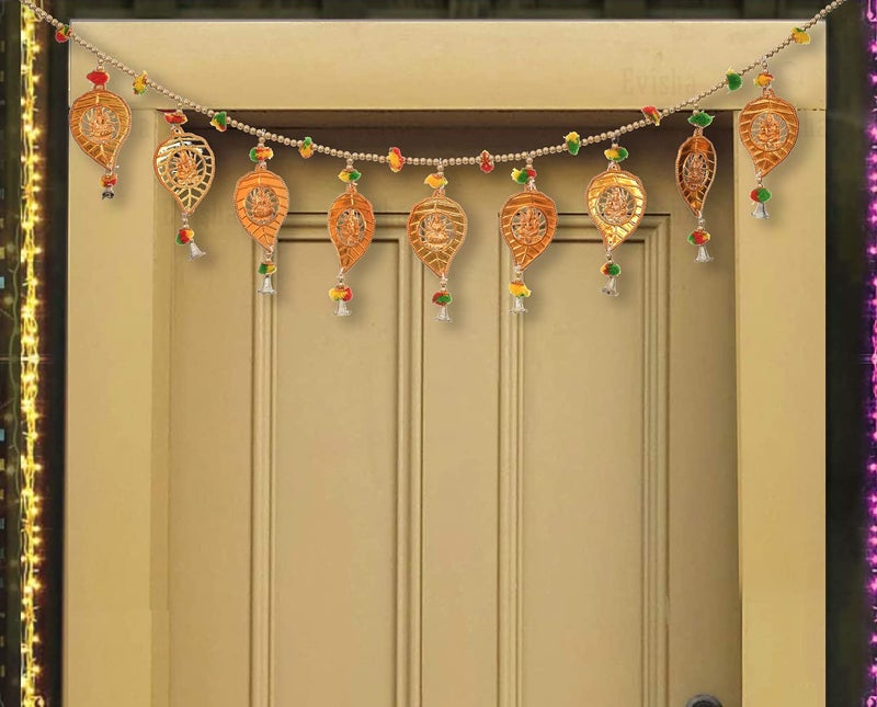 Evisha Elegant Designer Golden Lakshmi Ganesh Leaves Door Hanging Toran Bandhanwar for Diwali Decoration Home Decor3 Ft - Image 1