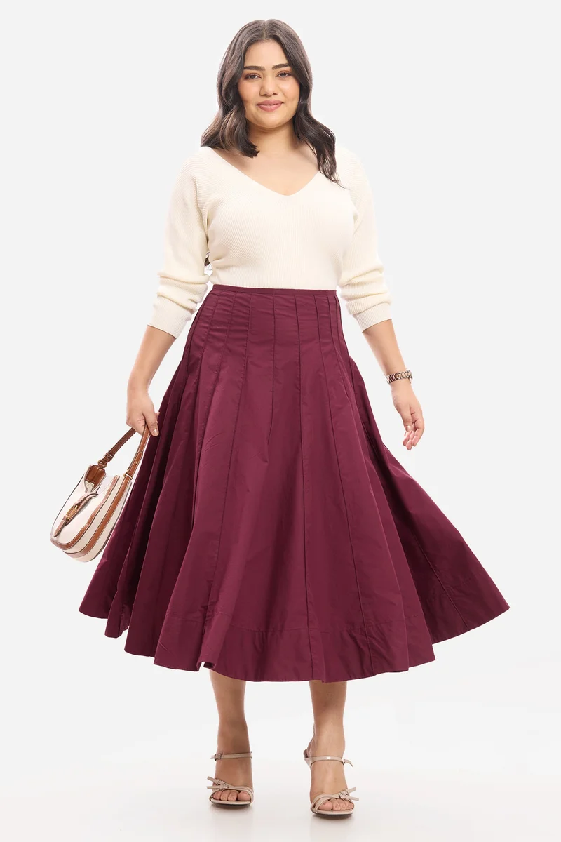 فيرجيو Solid Cotton Panelled Flared Plus Size Skirt for Women