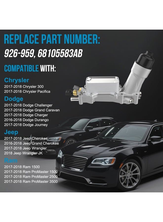 keriolee 926-959 Aluminum Engine Oil Cooler, Oil Filter Housing Adapter For 2017-2018 Chrysler 200 300, Jeep Cherokee Grand Cherokee,Dodge Charger Challenger Journey Wrangler, Ram ProMaster Replace# 68105583AB - Image 2