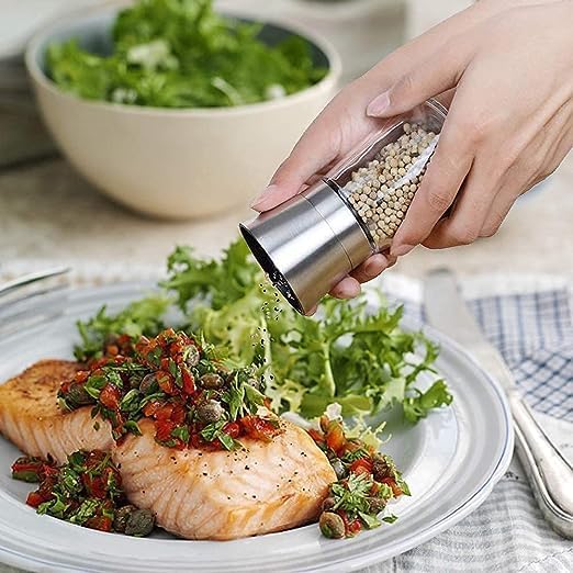 Takositio Takositio Salt and Pepper Shakers Set with Stand Stainless Steel Salt Pepper Mill Manual Spice Pepper Grinder Mill Salt Silver Big Pack of 2 - Image 4