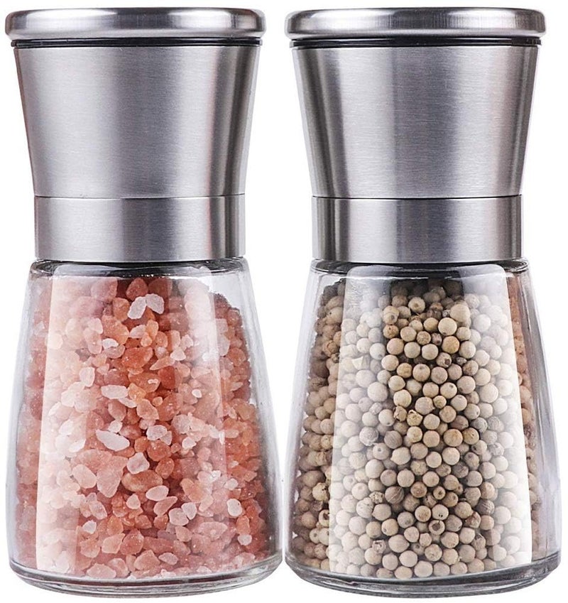 Takositio Takositio Salt and Pepper Shakers Set with Stand Stainless Steel Salt Pepper Mill Manual Spice Pepper Grinder Mill Salt Silver Big Pack of 2 - Image 1