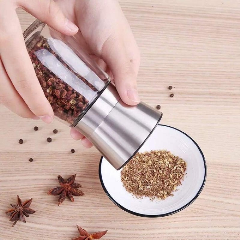 Takositio Takositio Salt and Pepper Shakers Set with Stand Stainless Steel Salt Pepper Mill Manual Spice Pepper Grinder Mill Salt Silver Big Pack of 2 - Image 2