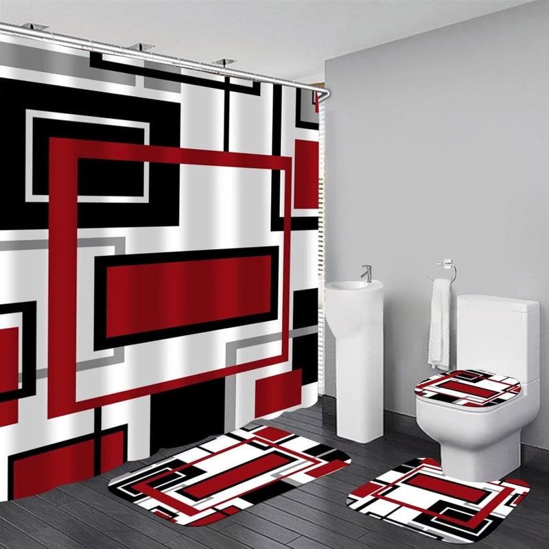 Yddsky 4 Pcs Red Geometric Shower Curtain Sets with Rugs Red Bathroom Sets with Shower Curtain and Rugs Modern Bathroom Curtains Shower Set with Toilet Lid Cover for Bathroom Decor Accessories - Image 1