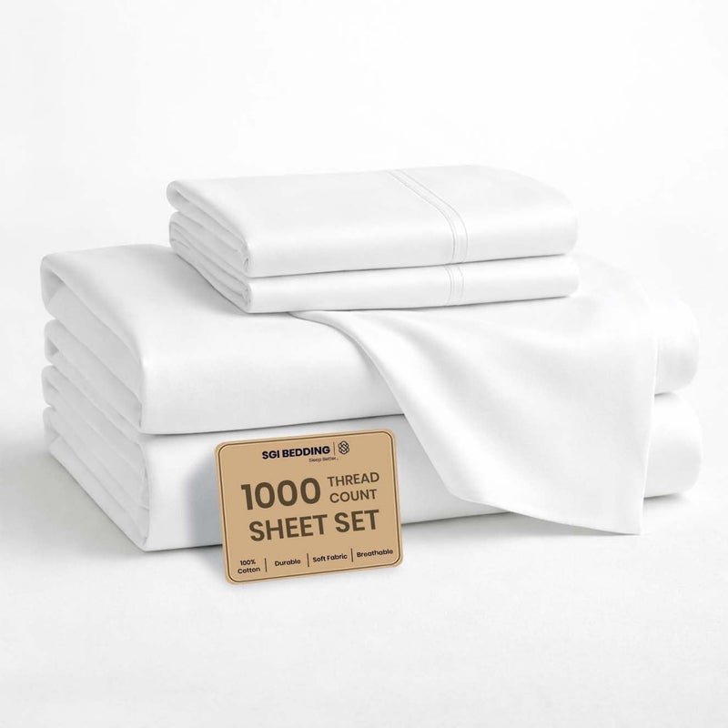 SGI bedding 1000 Thread Count Sheet Set Queen - 100% Egyptian Cotton Sheets â€“ 18" Luxury Deep Pocket Bedding - Soft, Breathable & Premium - Hotel Sheets - White - Image 1
