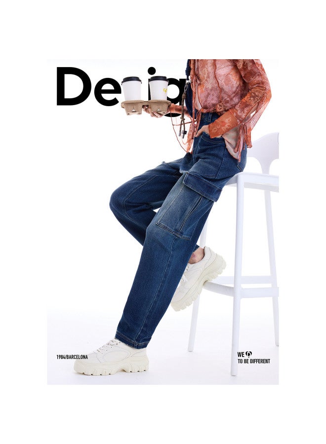 DESIGUAL [موضة إسبانية فاخرة] 25 وصول جديد لخريف/شتاء جينز نسائي فضفاض بقصة مستقيمة بأسلوب كارغو - Image 3