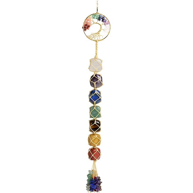 HANDMADE CRYSTAL WINDOW CAR HANGING ORNAMENTS 7 CHAKRA HOME DECORATION FENG SHUI ORNAMENT YOGA MEDITATION CAR DECORATION TUMBLED PALM STONES TREE OF LIFE