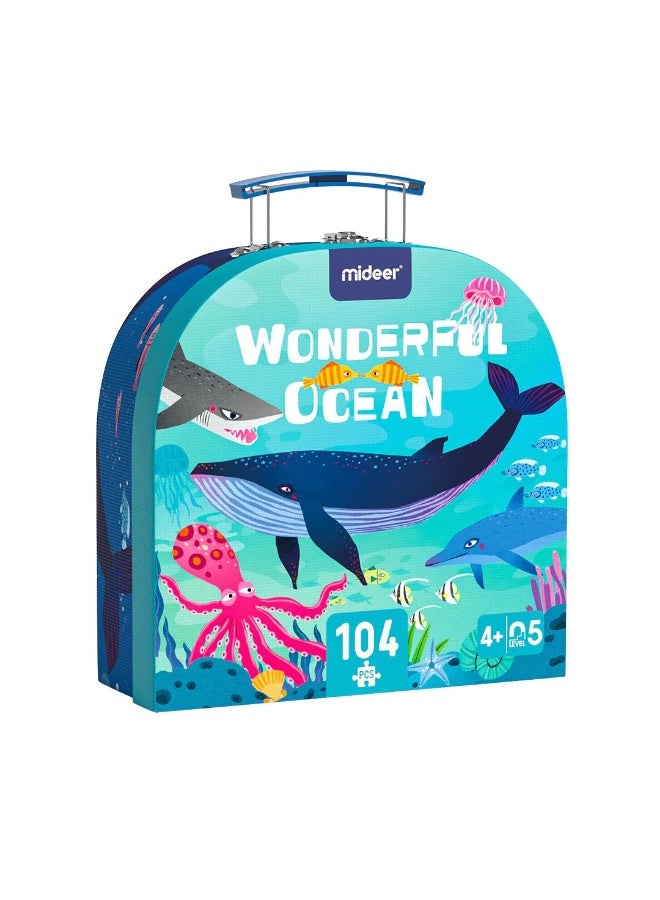 MiDeer Portable Puzzle Box – Wonderful Ocean 104-Piece Jigsaw Puzzle for Kids Age 3+ – Educational Sea Animal Puzzle with Carry Case – 40 x 70 cm - Image 1