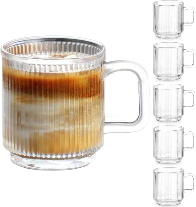 Qipecedm 6 PACK Premium Glass Coffee Mugs with Handle, 12 OZ Classic Vertical Stripes Glass Coffee Cups, Transparent Tea Cup for Hot/Cold Beverages, Glassware Set for Americano, Latte, Cappuccino - Image 1